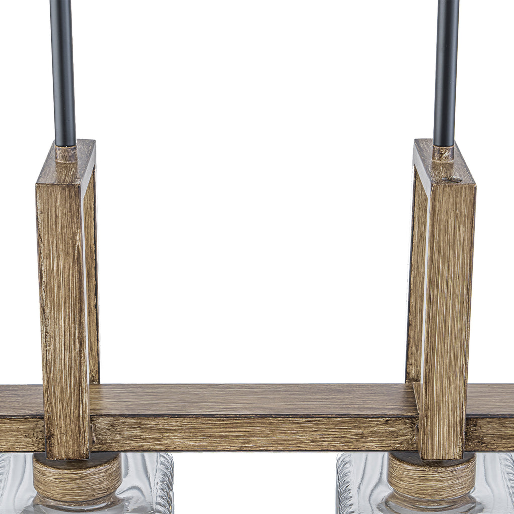 30.5 in. 4-Light Modern Farmhouse Matte Black Linear Chandelier with Faux Wood Accent Island Pendant with Glass Shades