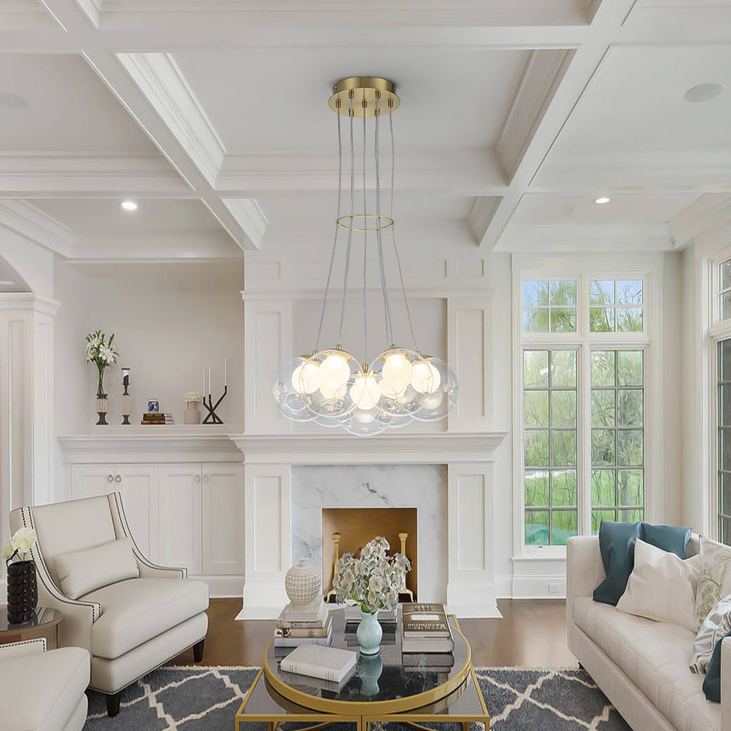 7-Light Modern Gold Sputnik Cluster LED Chandelier with Clear Globe Shades for Living Room