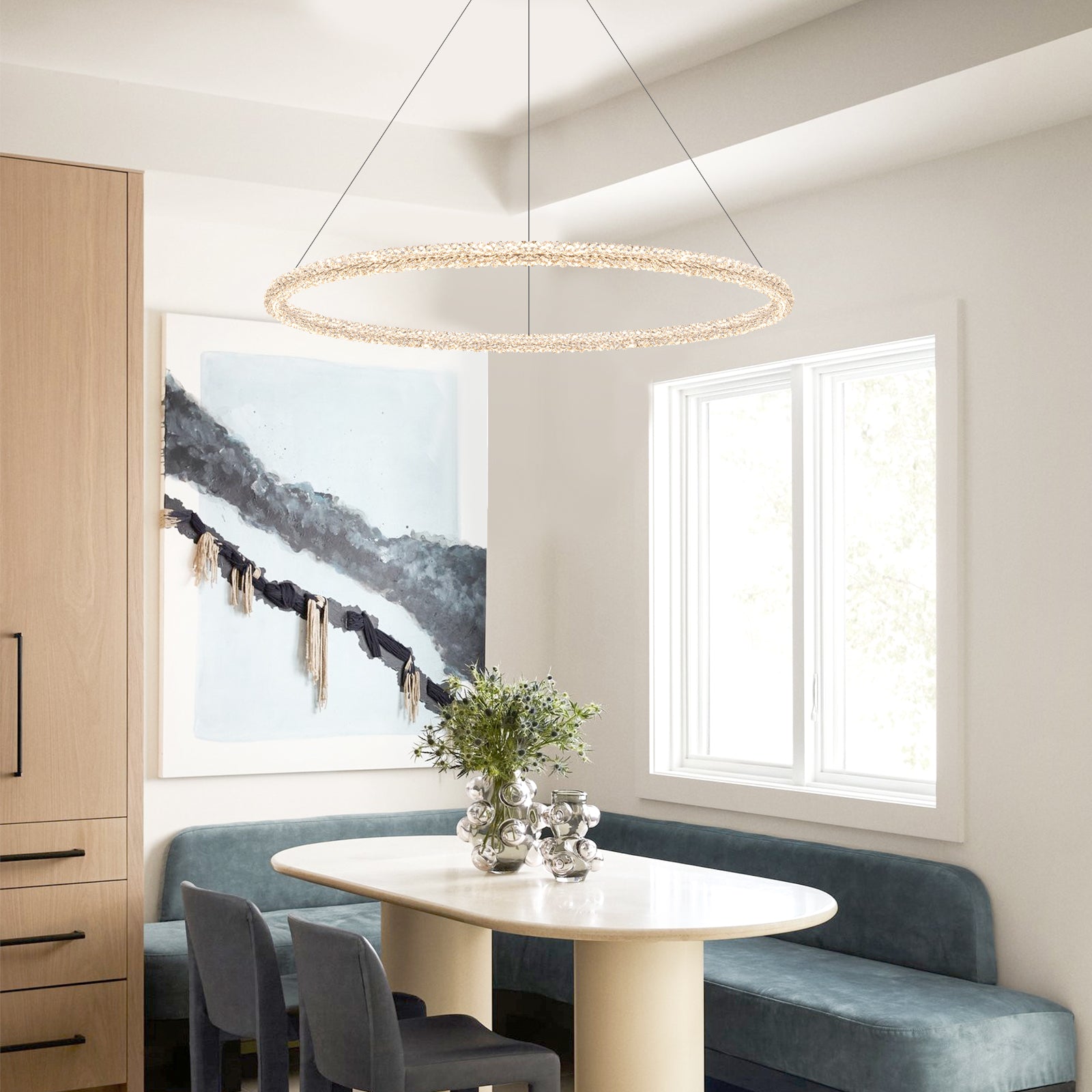 1-Light Modern Gold Metal Ring Crystal Integrated LED Pendant Light Dimmable Chandelier for Dining Room