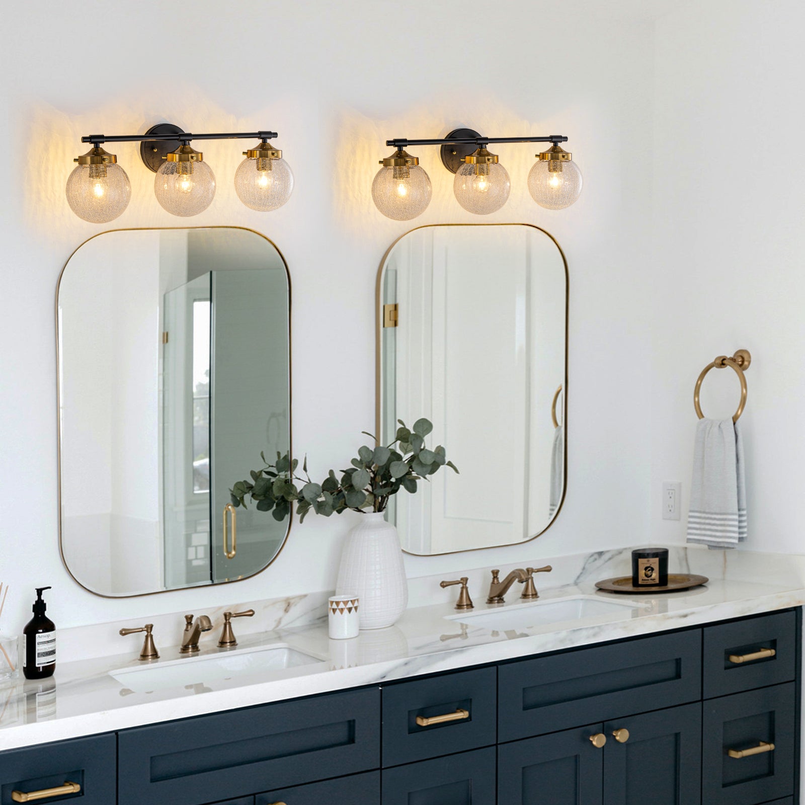 21.73 in. 3-Light Matte Black and Gold Metal Vanity Light with Clear Glass Shades for Bathroom