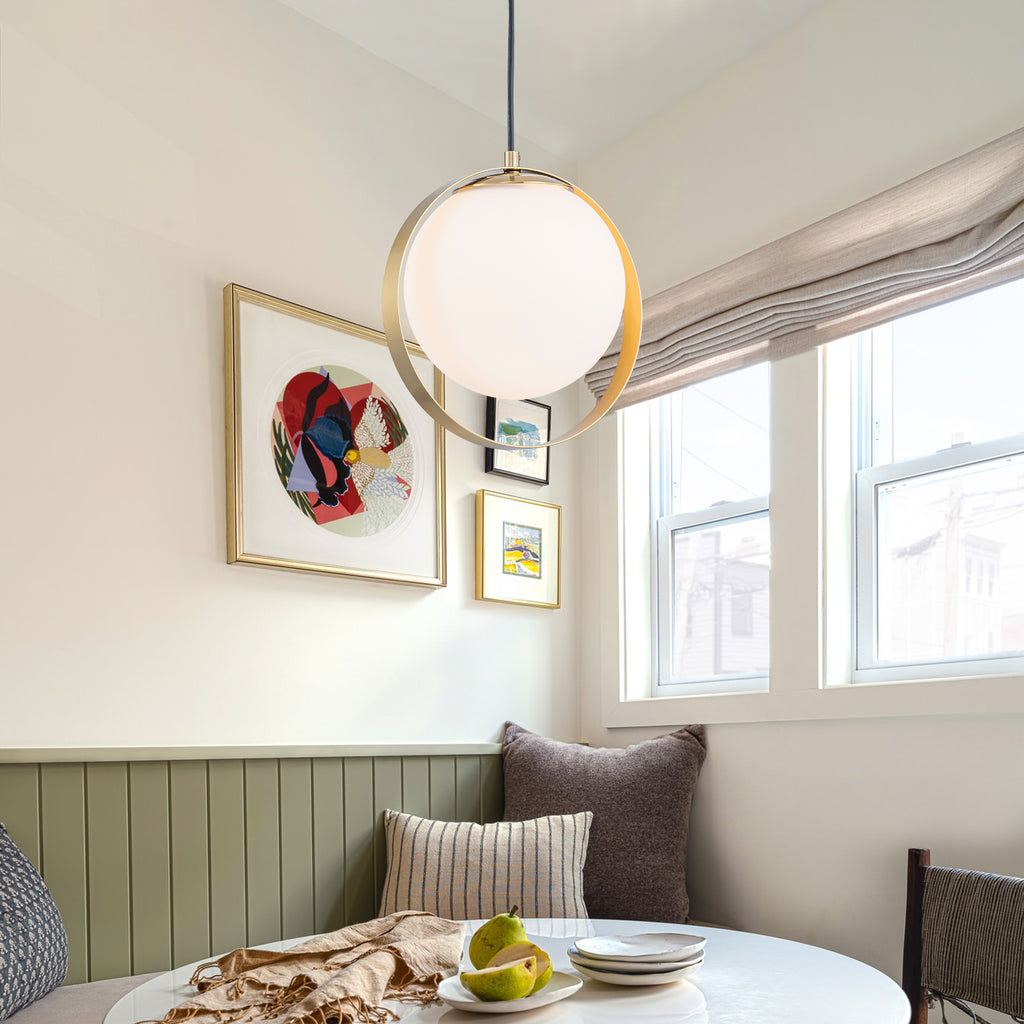 9.84 in. 8-Watt 1-Light Modern Mid-Century Brass Ring LED Pendant Light with White Globe Glass Shade