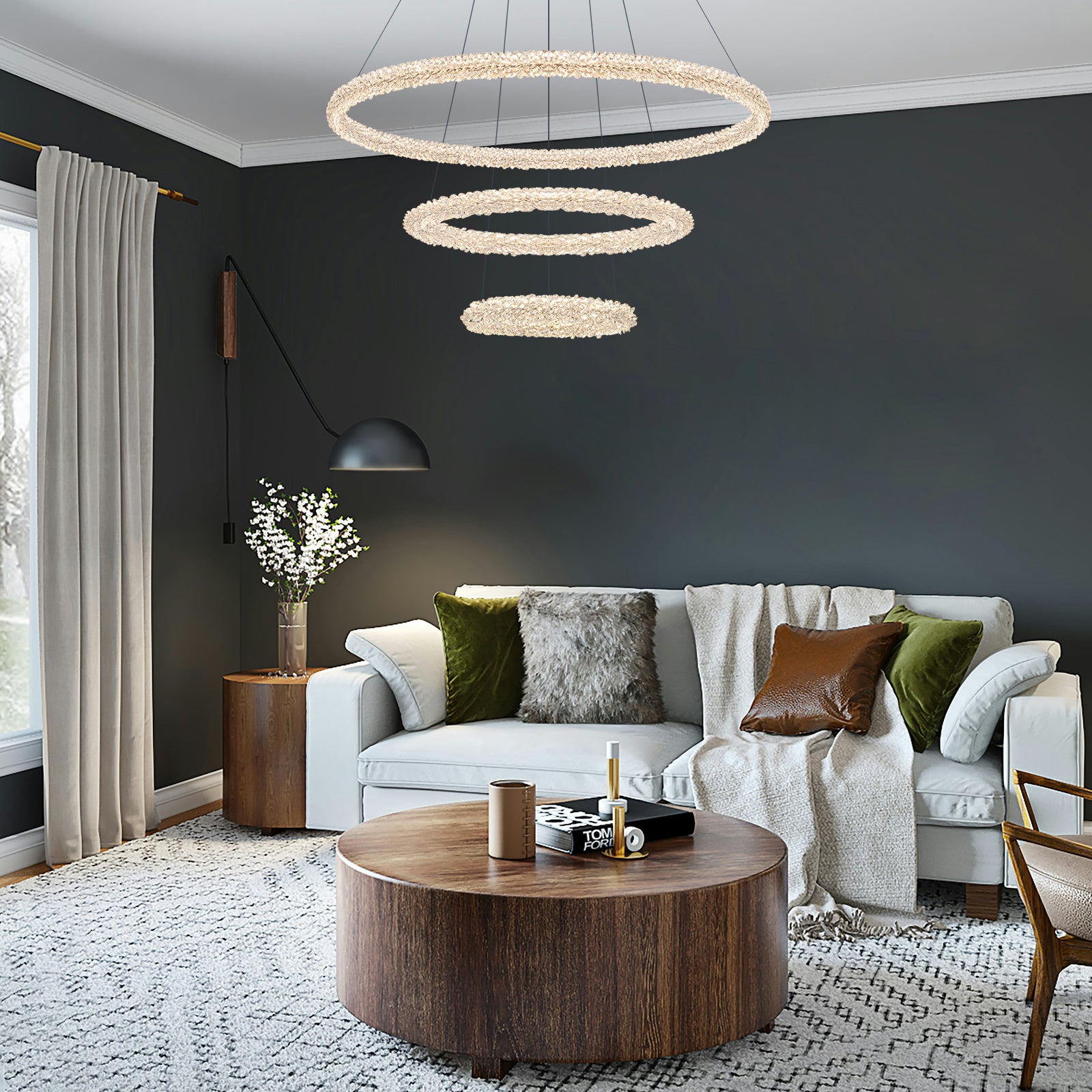 3-Light Modern Gold Ring Dimmable Integrated LED Chandelier Tiered Pendant Light with Crystal for Dining Room