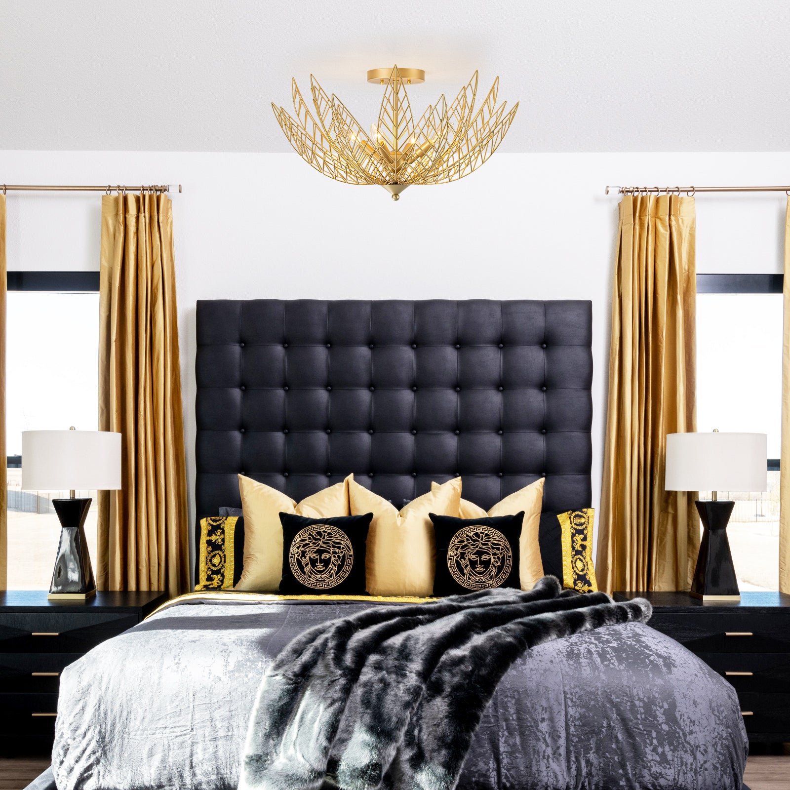 26 in. 4-Light Modern Luxury Gold Bowl Semi-Flush Mount Ceiling Light with Metal Leaf Shade