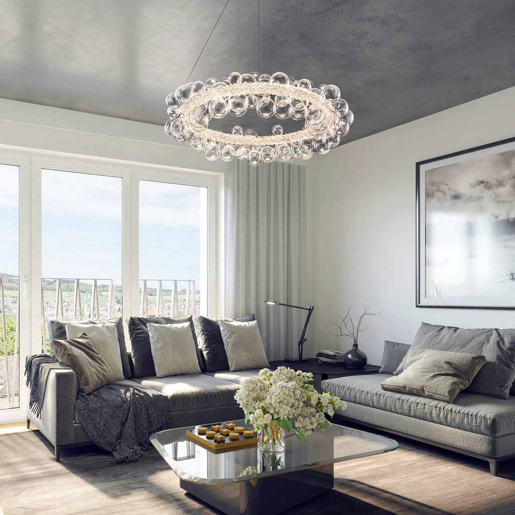 1-Light Gold Modern Round Globe Crystal Integrated LED Chandelier Dimmable Pendant Light with Glass Bubbles