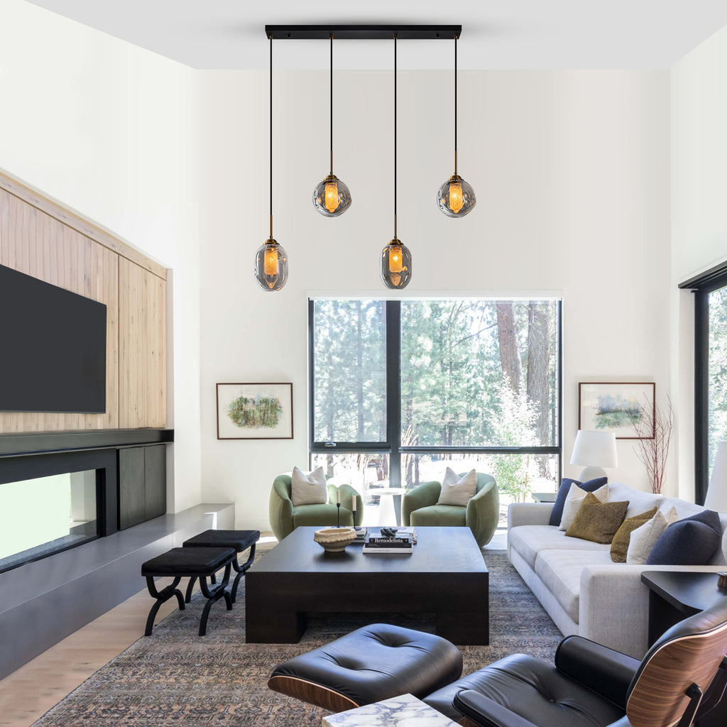 38.6 in. 4-Light Modern Black Linear Pendant Light with 2-Tier Glass Shades for Kitchen Island