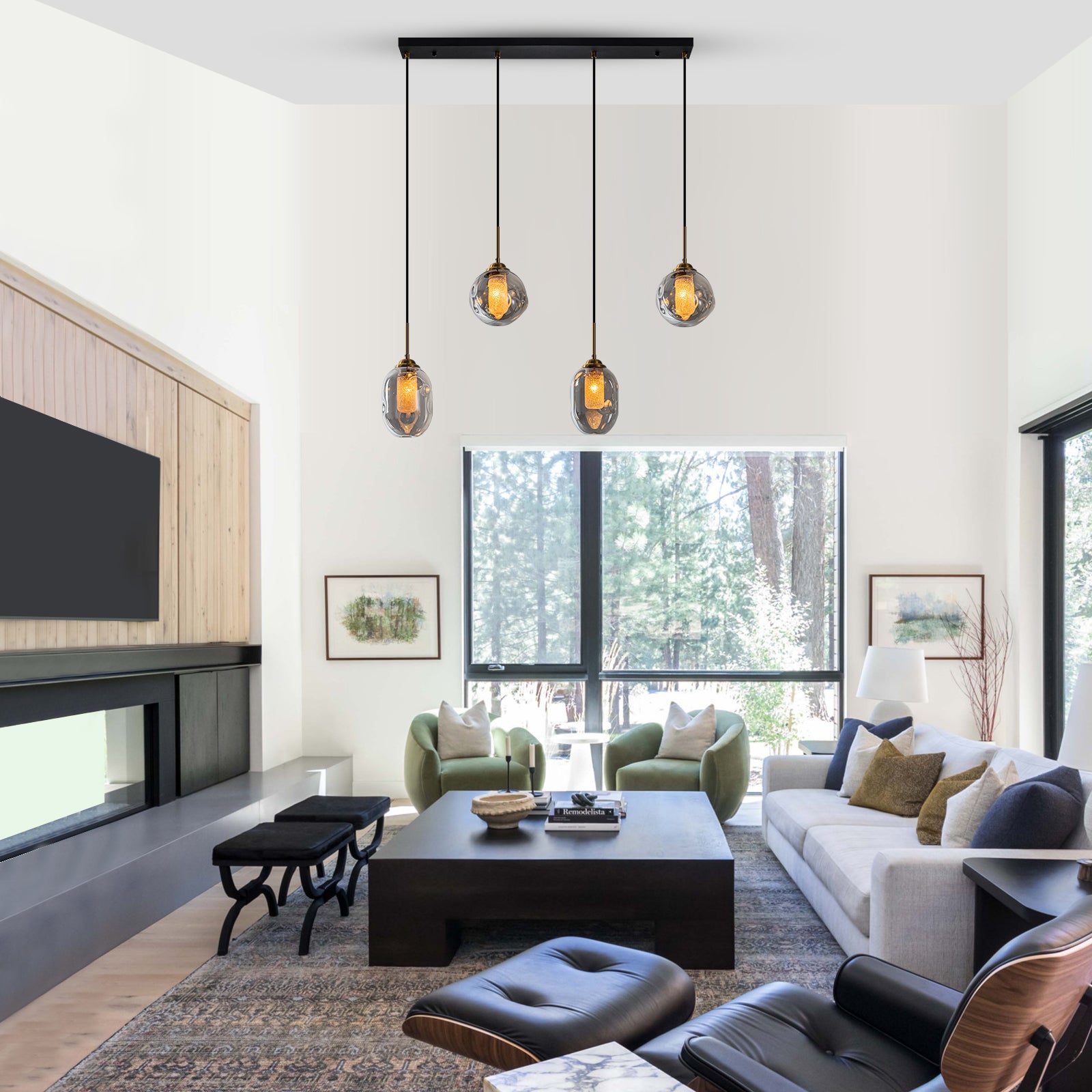 38.6 in. 4-Light Modern Black Linear Pendant Light with 2-Tier Glass Shades for Kitchen Island
