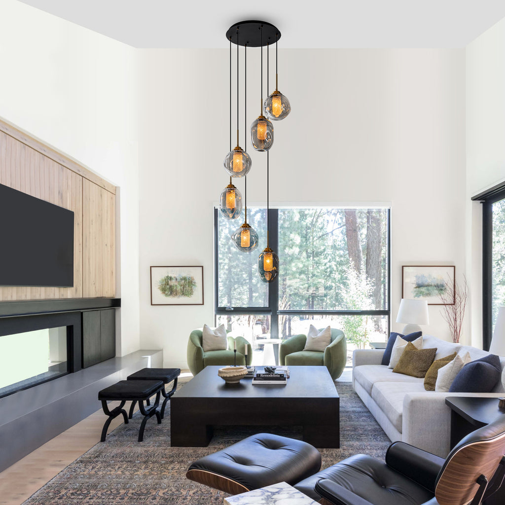 16 in. 6-Light Modern Black Staircase Chandelier Island Pendant Light with Smoky Gray Globe Glass Shade