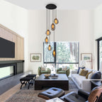16 in. 6-Light Modern Black Staircase Chandelier Island Pendant Light with Smoky Gray Globe Glass Shade