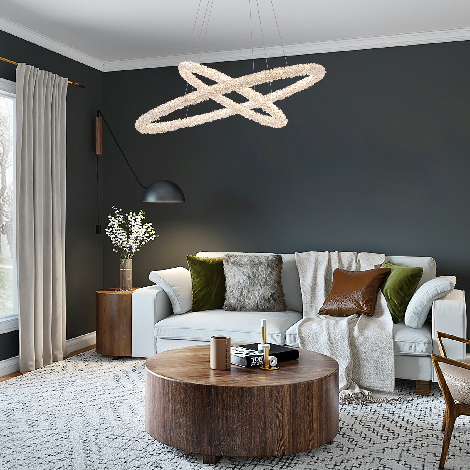 2-Light Modern Gold Double Ring Dimmable Integrated LED Chandelier Tiered Pendant Light with Crystal for Dining Room