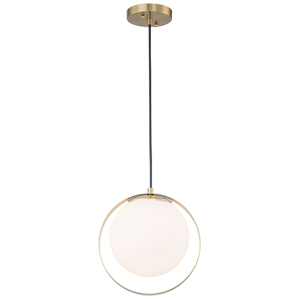 9.84 in. 8-Watt 1-Light Modern Mid-Century Brass Ring LED Pendant Light with White Globe Glass Shade