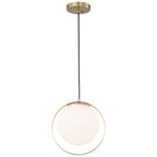 9.84 in. 8-Watt 1-Light Modern Mid-Century Brass Ring LED Pendant Light with White Globe Glass Shade