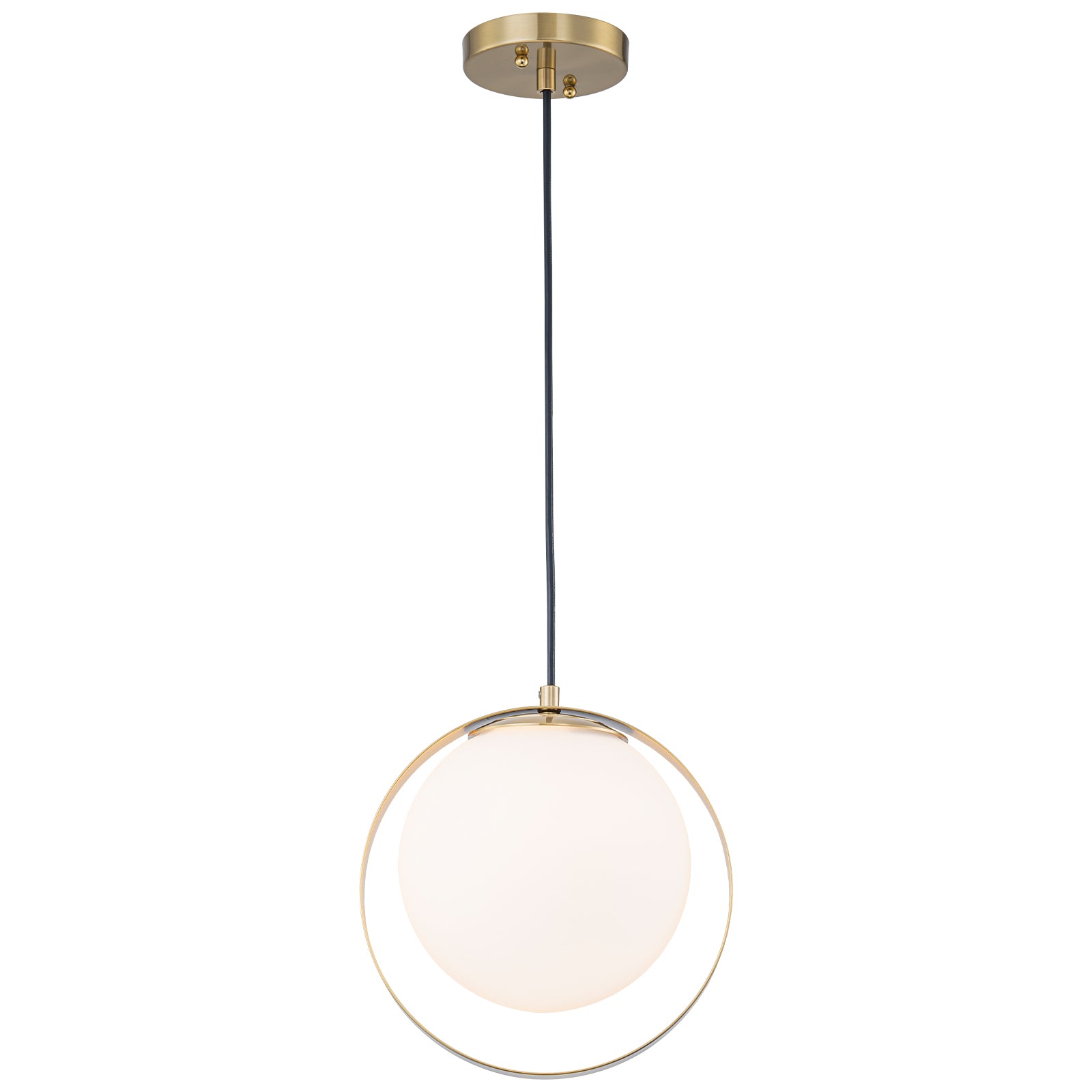 9.84 in. 8-Watt 1-Light Modern Mid-Century Brass Ring LED Pendant Light with White Globe Glass Shade