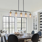 38 in. 5-Light Modern Matte Black Linear Pendant Light with Clear Globe Crackled Glass Shades Island Chandelier
