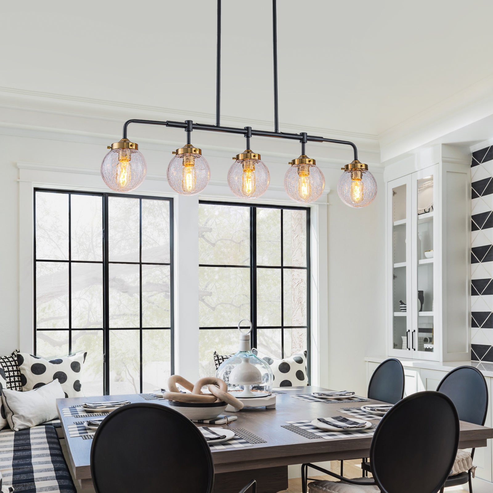 38 in. 5-Light Modern Matte Black Linear Pendant Light with Clear Globe Crackled Glass Shades Island Chandelier