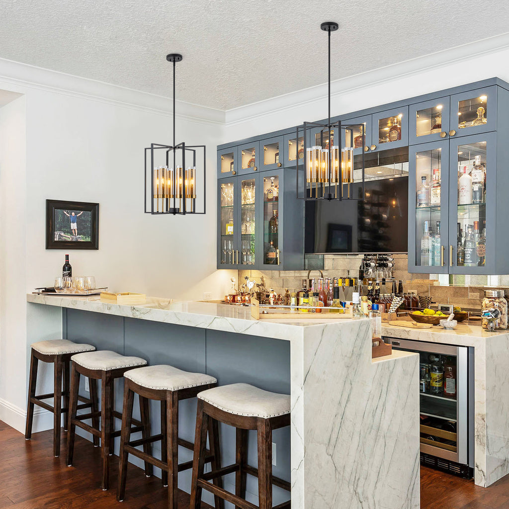 17.72 in. 6-Light Industrial Black Iron Geometric Chandelier with Clear Glass Shades for Kitchen Island Foyers Hallway