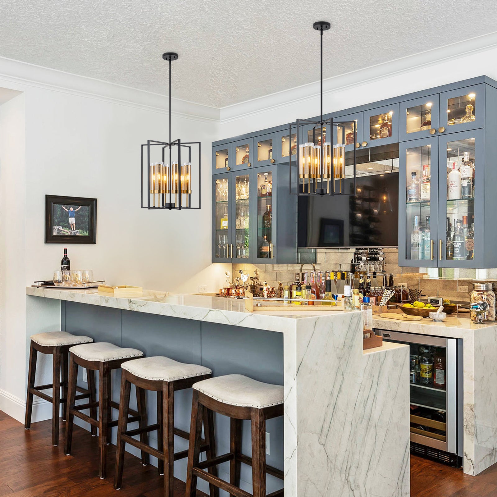 17.72 in. 6-Light Industrial Black Iron Geometric Chandelier with Clear Glass Shades for Kitchen Island Foyers Hallway