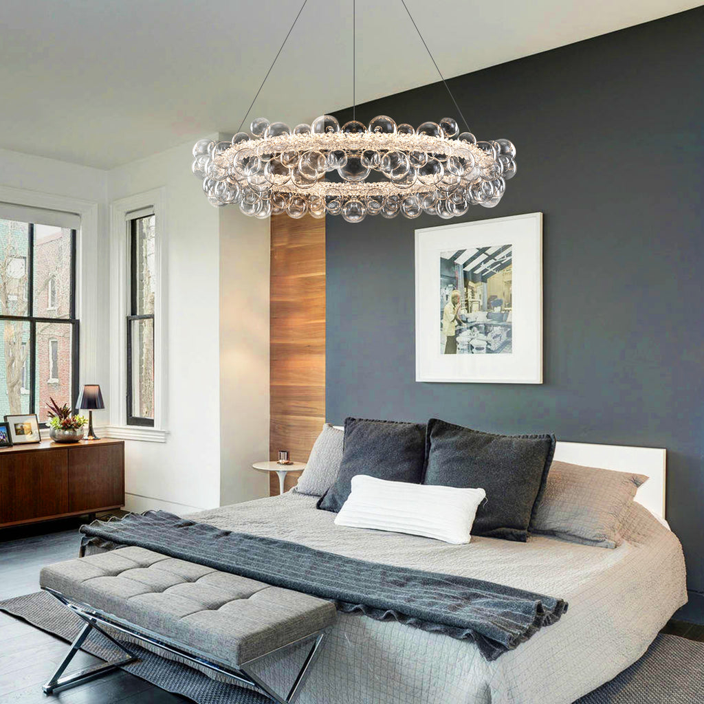 1-Light Gold Modern Round Globe Crystal Integrated LED Chandelier Dimmable Pendant Light with Glass Bubbles