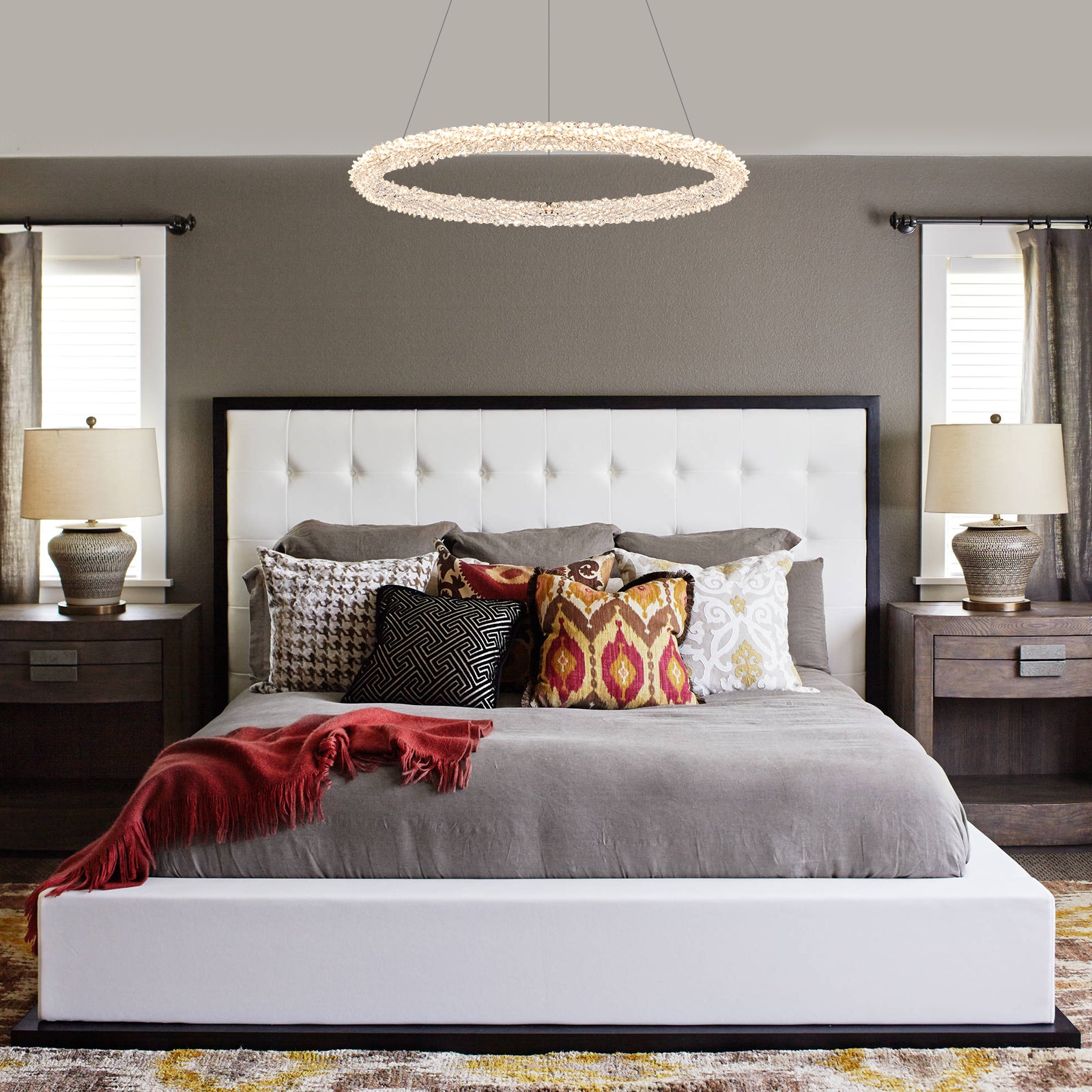 1-Light Modern Gold Metal Ring Crystal Integrated LED Pendant Light Dimmable Chandelier for Dining Room