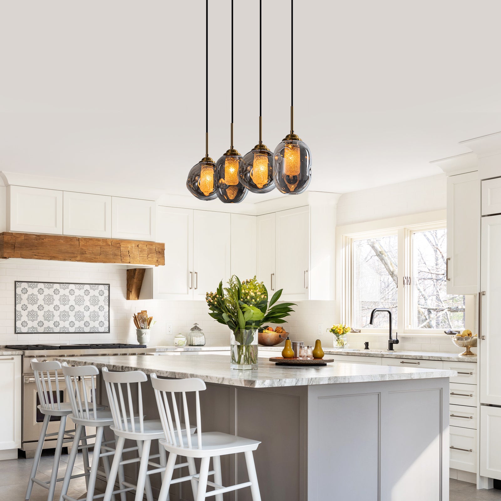 38.6 in. 4-Light Modern Black Linear Pendant Light with 2-Tier Glass Shades for Kitchen Island