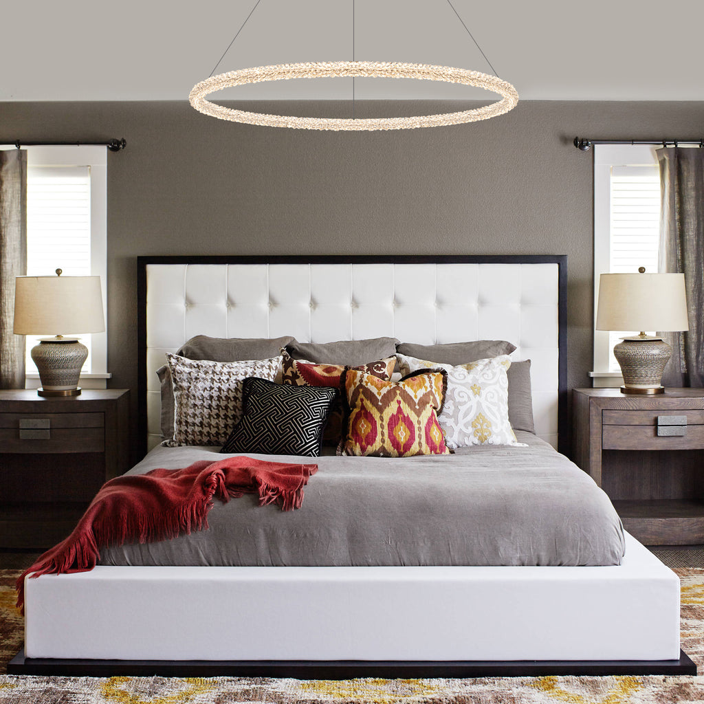 1-Light Modern Gold Metal Ring Crystal Integrated LED Pendant Light Dimmable Chandelier for Dining Room