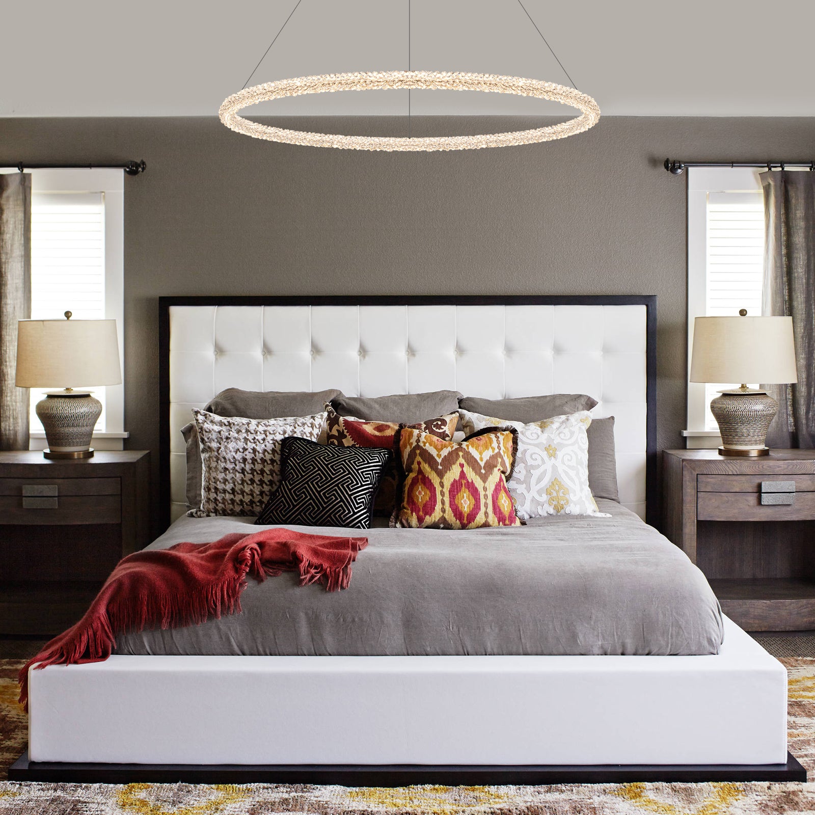 1-Light Modern Gold Metal Ring Crystal Integrated LED Pendant Light Dimmable Chandelier for Dining Room