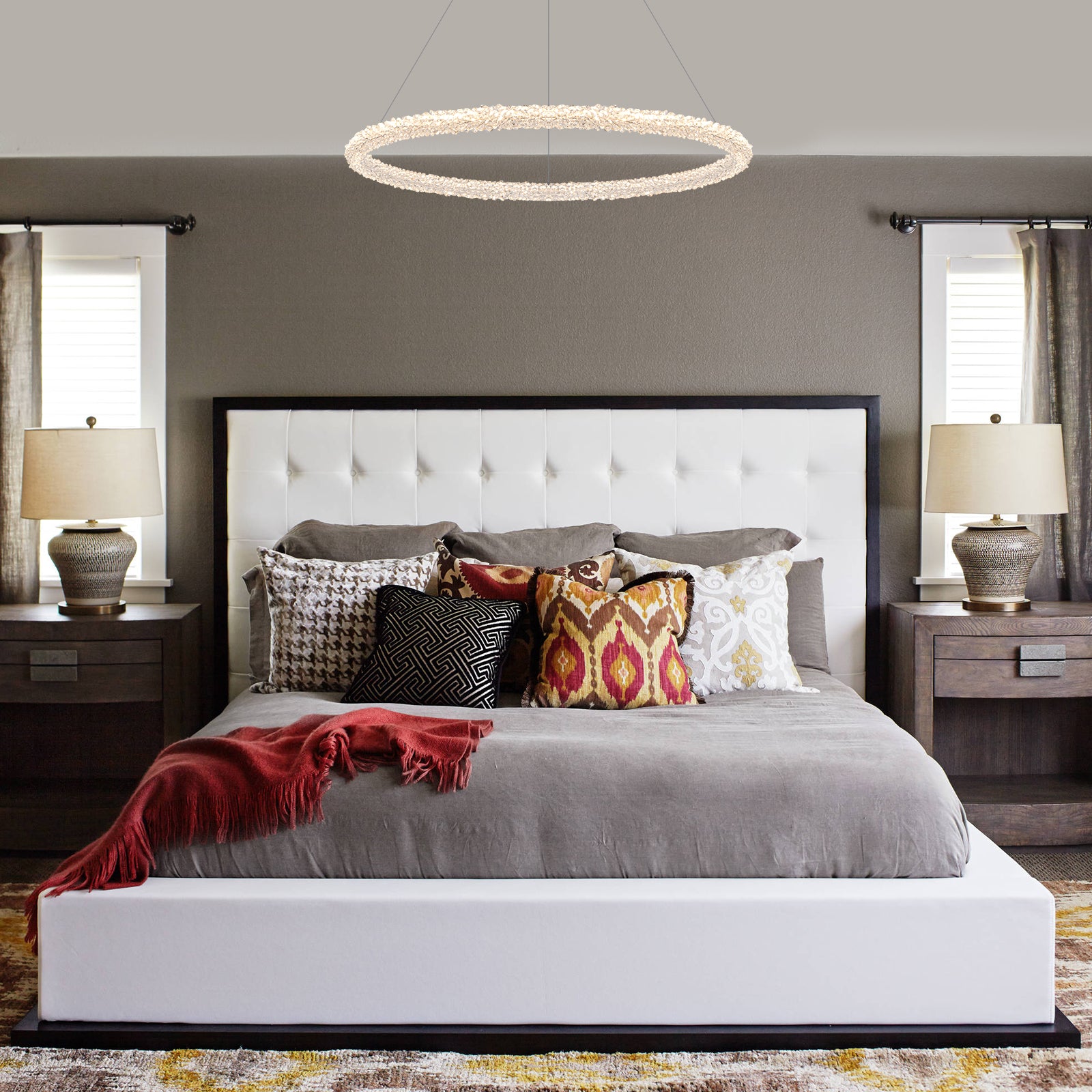 1-Light Modern Gold Metal Ring Crystal Integrated LED Pendant Light Dimmable Chandelier for Dining Room