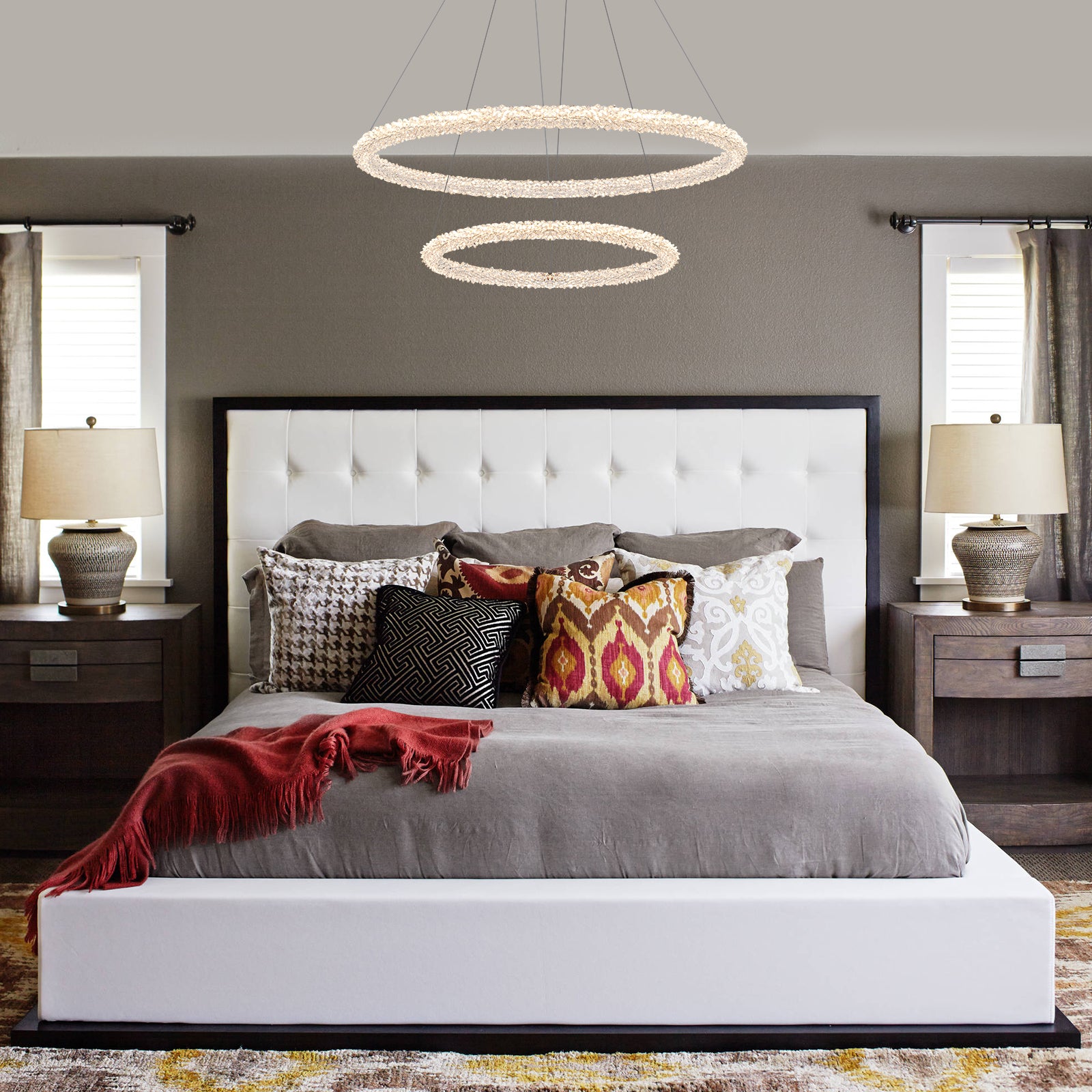 2-Light Modern Gold Double Ring Dimmable Integrated LED Chandelier Tiered Pendant Light with Crystal for Dining Room