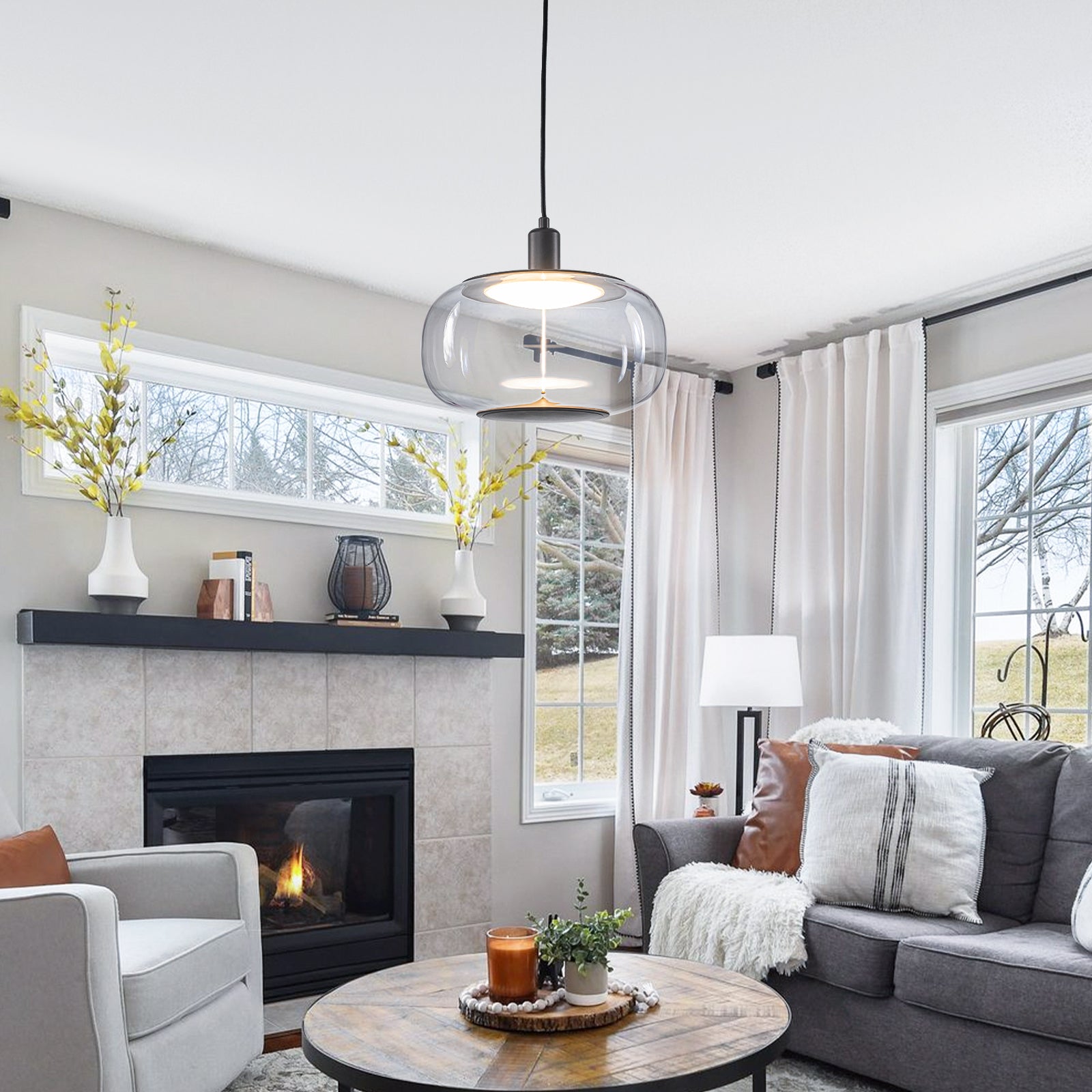 10-Watt 1-Light Modern Dimmable Integrated LED Pendant Light with Drum Shade for Kitchen Island
