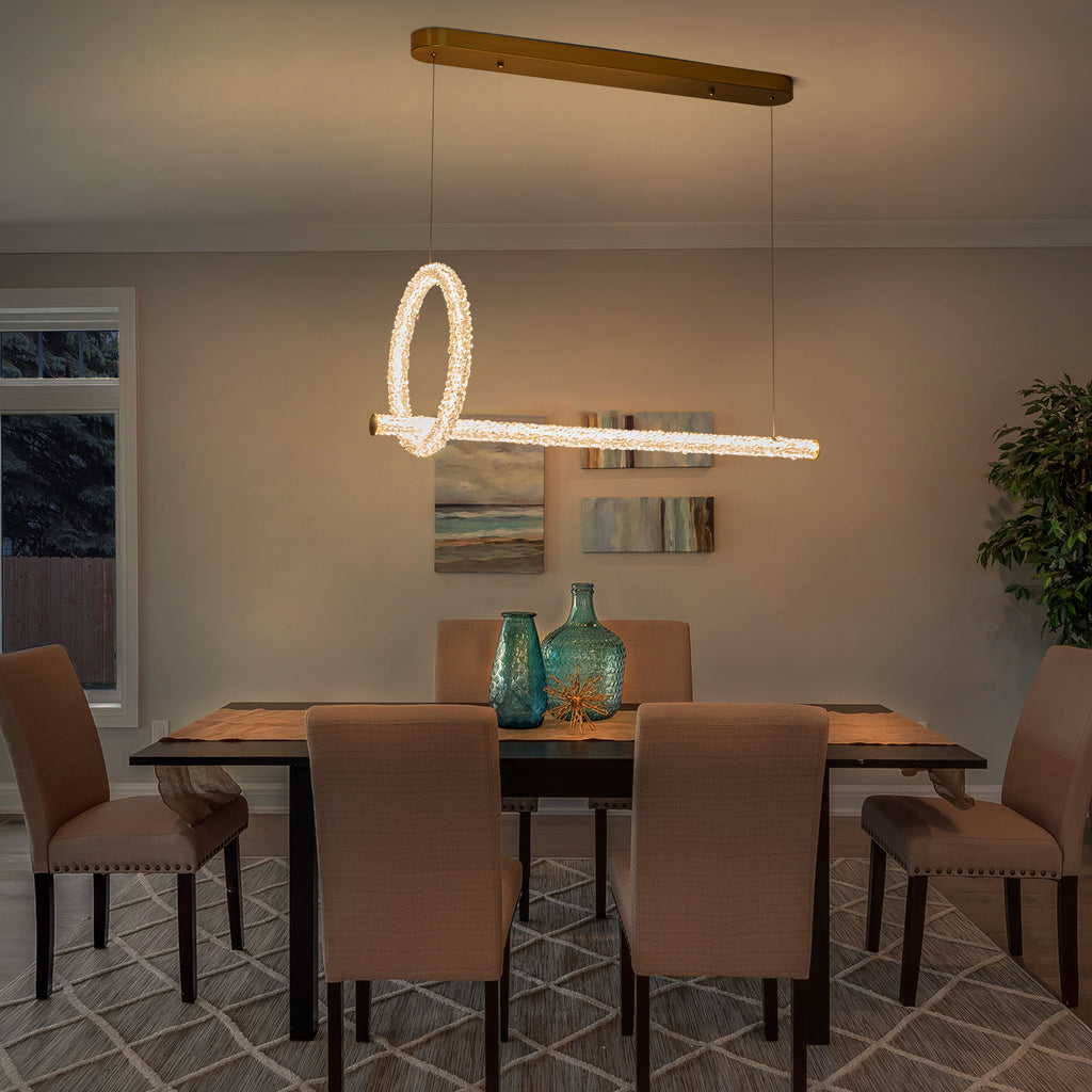 2-Light Modern Luxury Gold Ring & Bar Dimmable Integrated LED Chandelier Pendant Light with Crystal for Dining Room