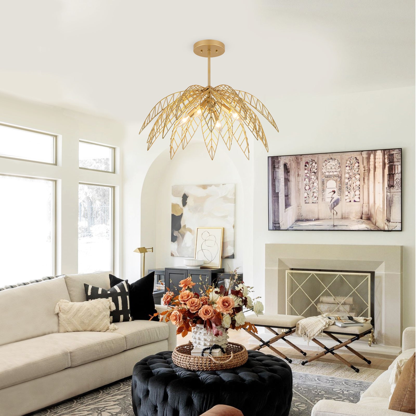 26 in. 4-Light Modern Luxury Gold Bowl Semi-Flush Mount Ceiling Light with Metal Leaf Shade
