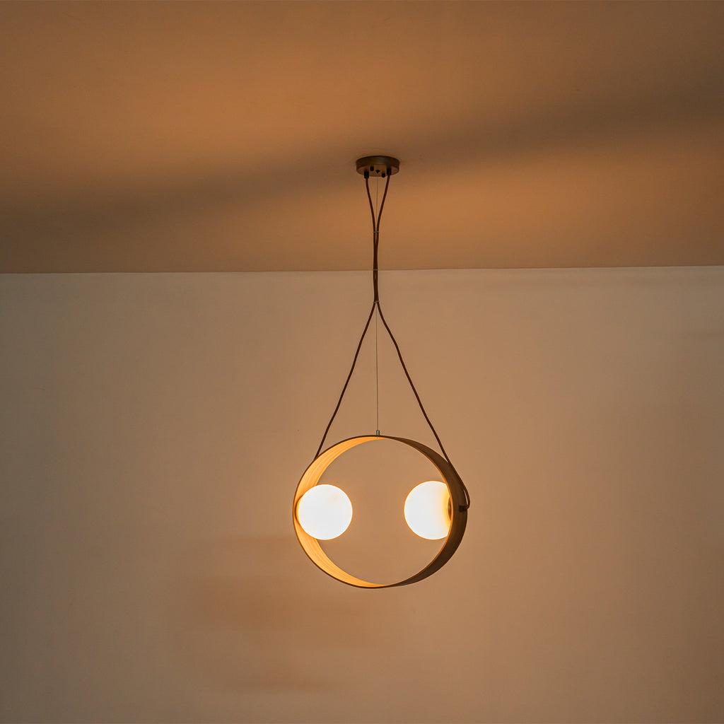 20 in. 2-Light Modern Walnut Oval Pendant Light with White Globe Glass Shades for Dining Room, Kitchen Island