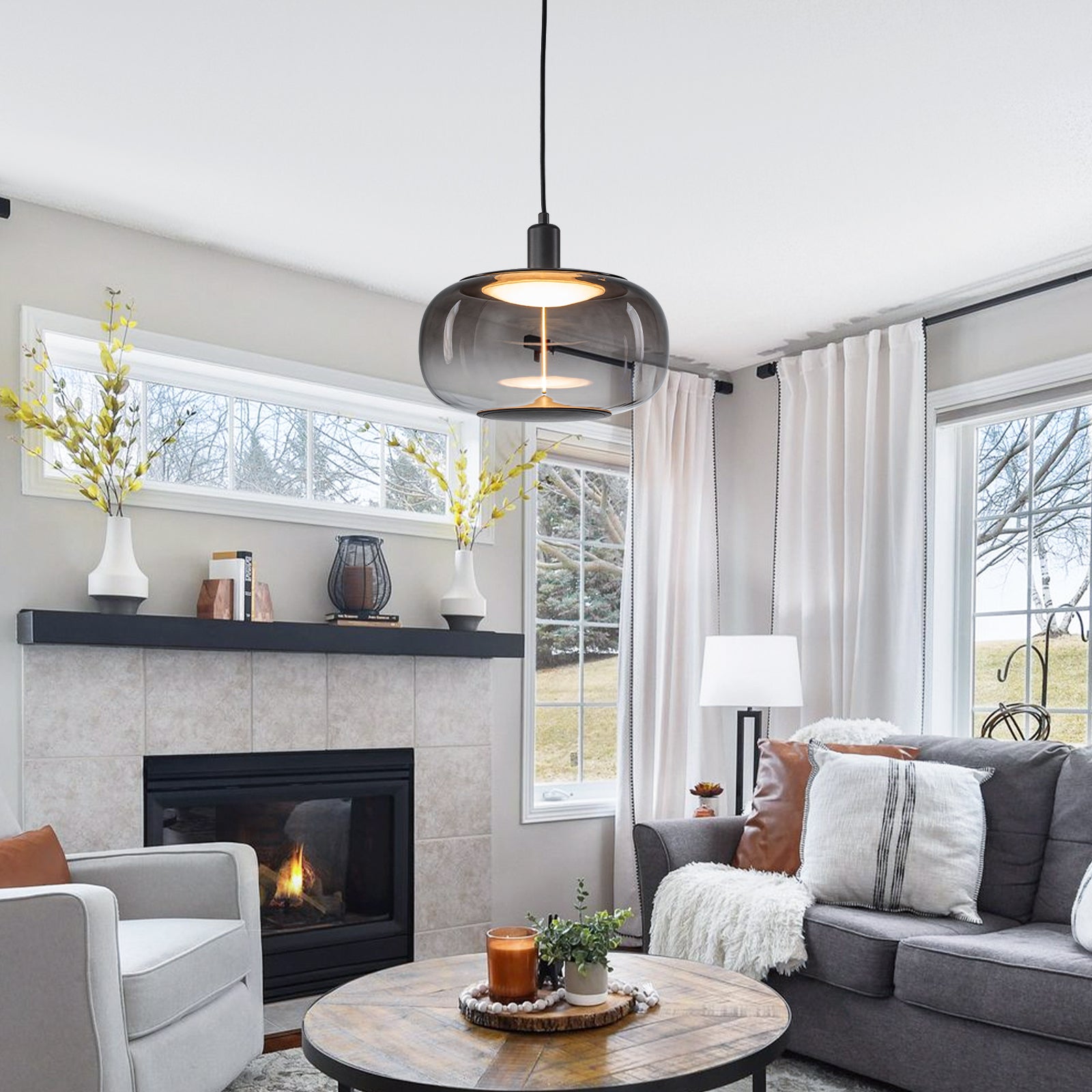 10-Watt 1-Light Modern Dimmable Integrated LED Pendant Light with Drum Shade for Kitchen Island