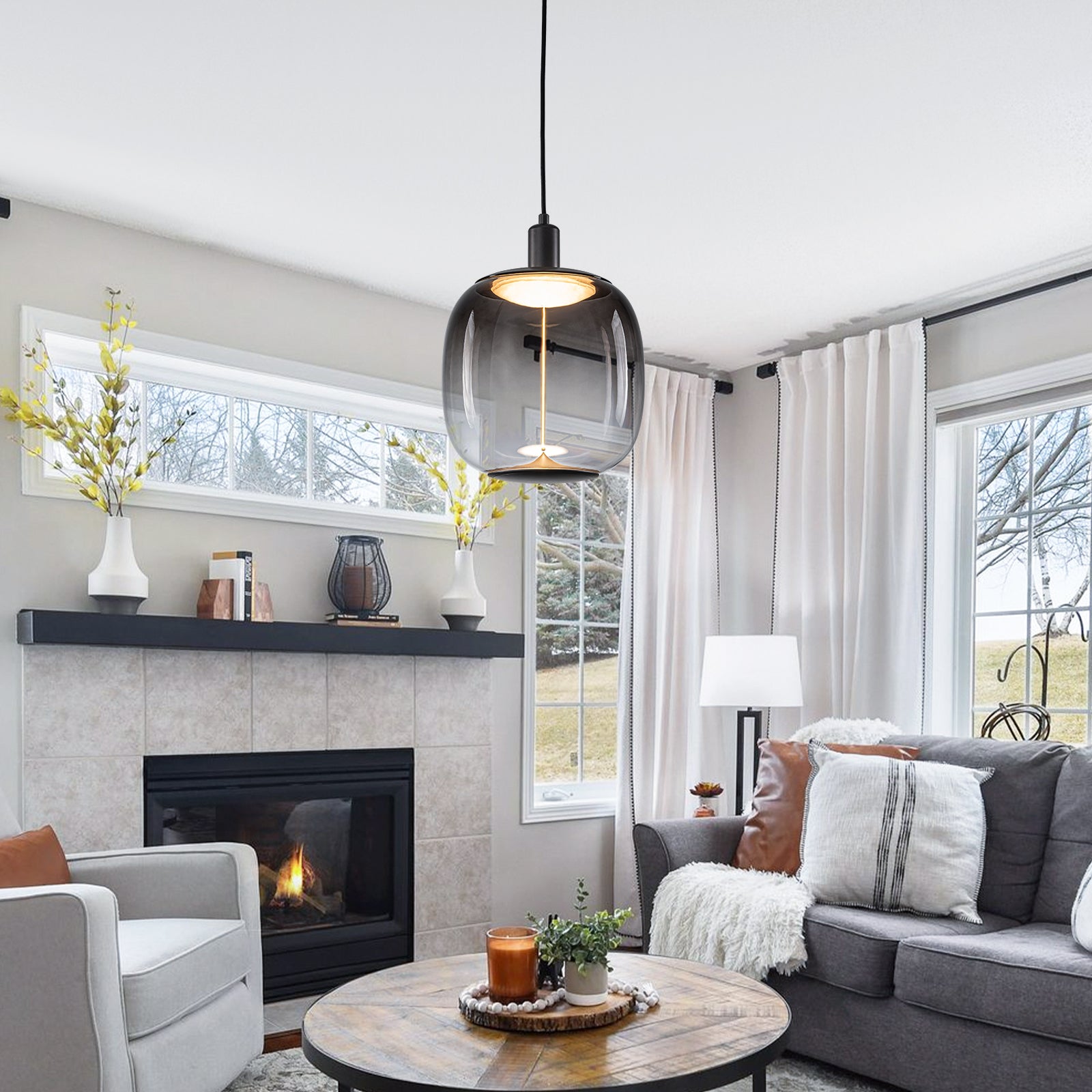 10-Watt 1-Light Modern Dimmable Integrated LED Pendant Light with Drum Shade for Kitchen Island