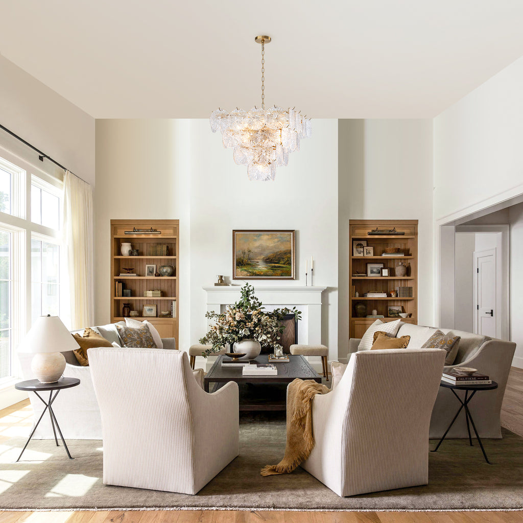 24 in. 13-Light Modern Gold Square Tiered Chandelier with Textured Clear Glass Petal Shades for Living Room