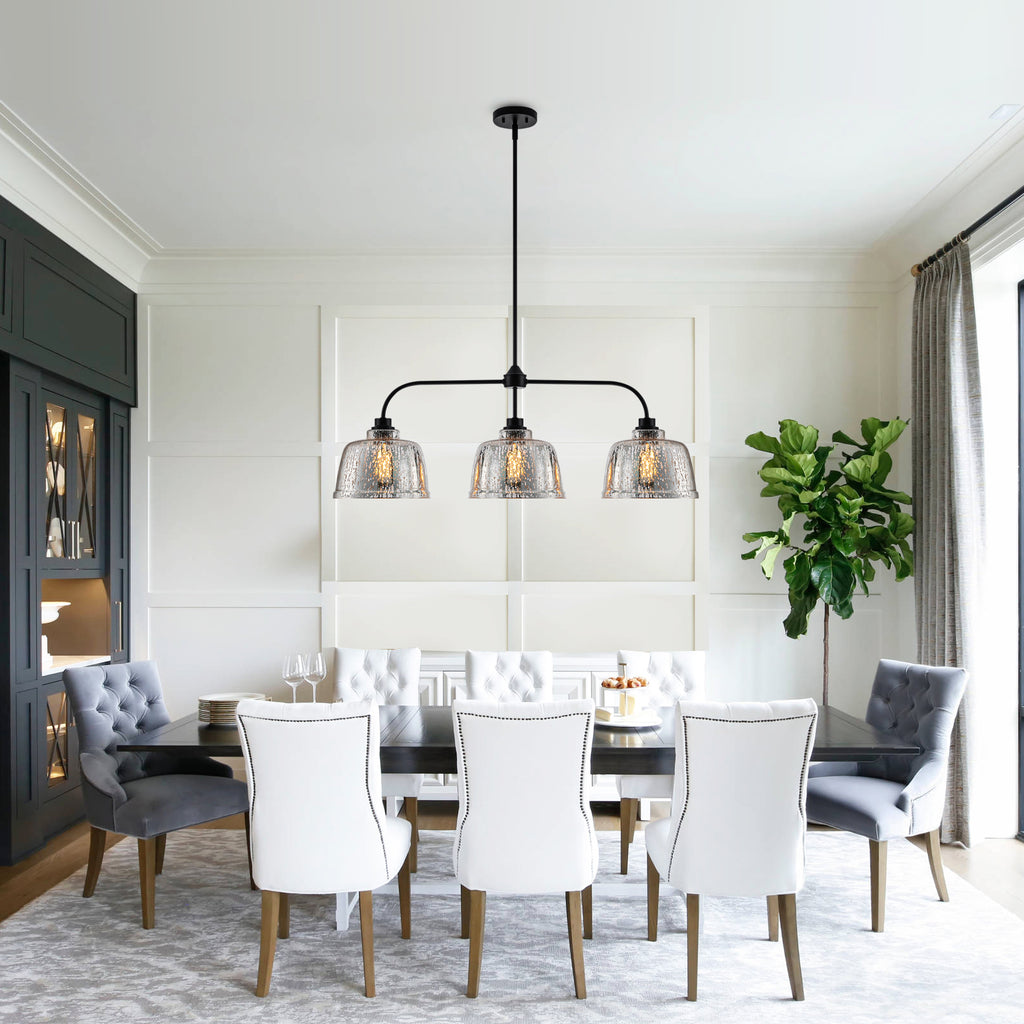 39 in. 3-Light Modern Matte Black Linear Chandelier with Textured Glass Shades for Kitchen Island