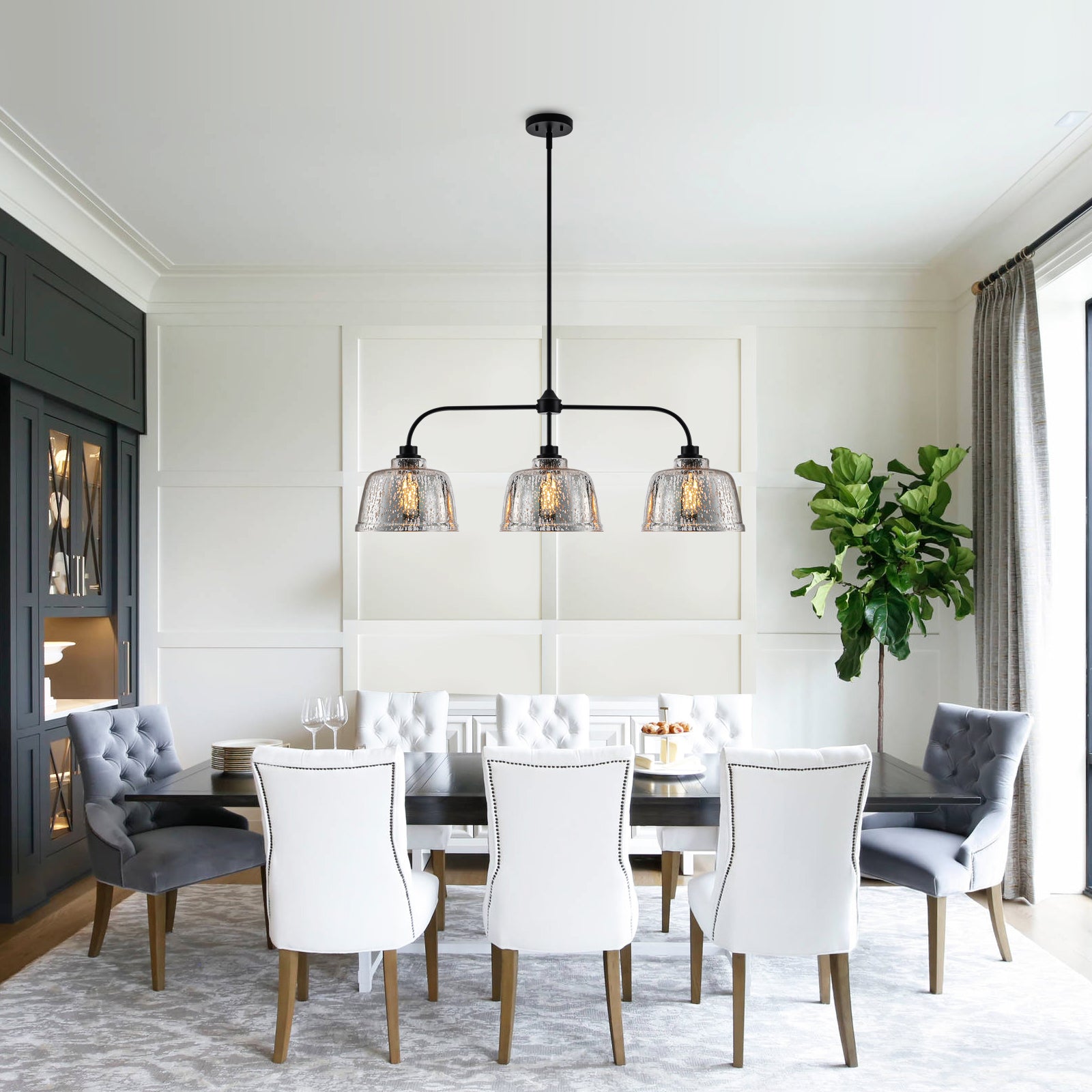 39 in. 3-Light Modern Matte Black Linear Chandelier with Textured Glass Shades for Kitchen Island