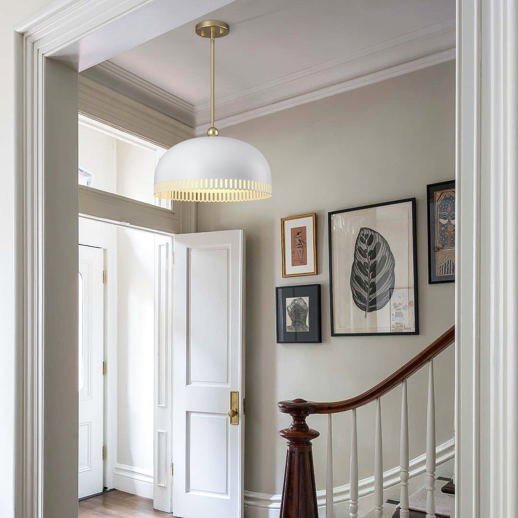 3-Light Gold Iron Semi-Domed Shape Pendant Light with Matte White Metal Shade Hollow Out Design for Living Room
