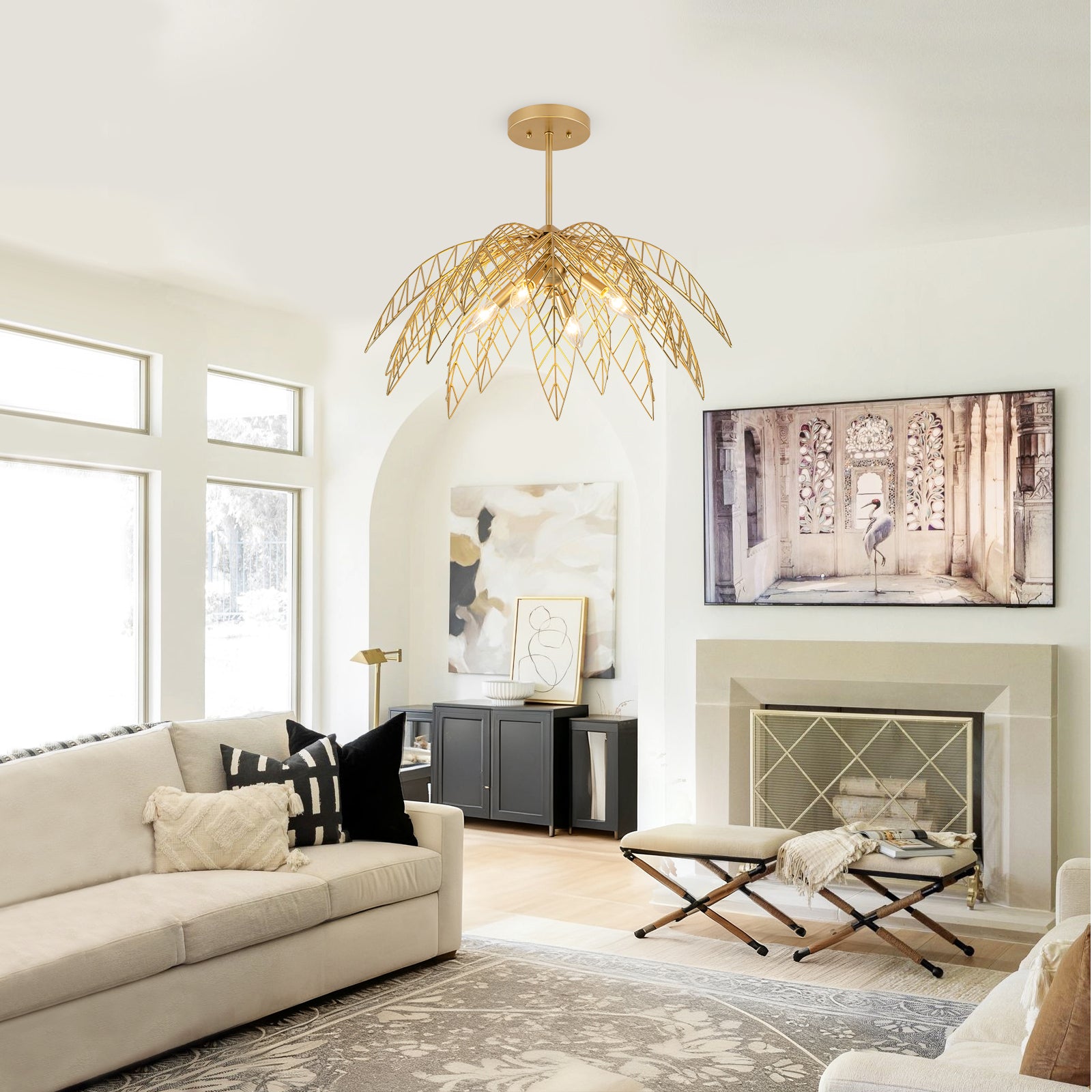 26 in. 4-Light Modern Luxury Gold Bowl Semi-Flush Mount Ceiling Light with Metal Leaf Shade