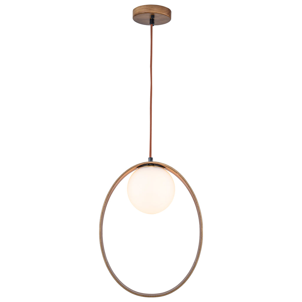 12 in. 1-Light Modern Walnut Oval Globe Pendant Light with White Glass Shade for Dining Room, Kitchen Island