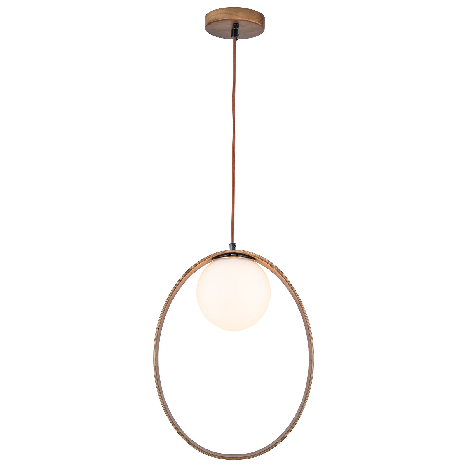 12 in. 1-Light Modern Walnut Oval Globe Pendant Light with White Glass Shade for Dining Room, Kitchen Island