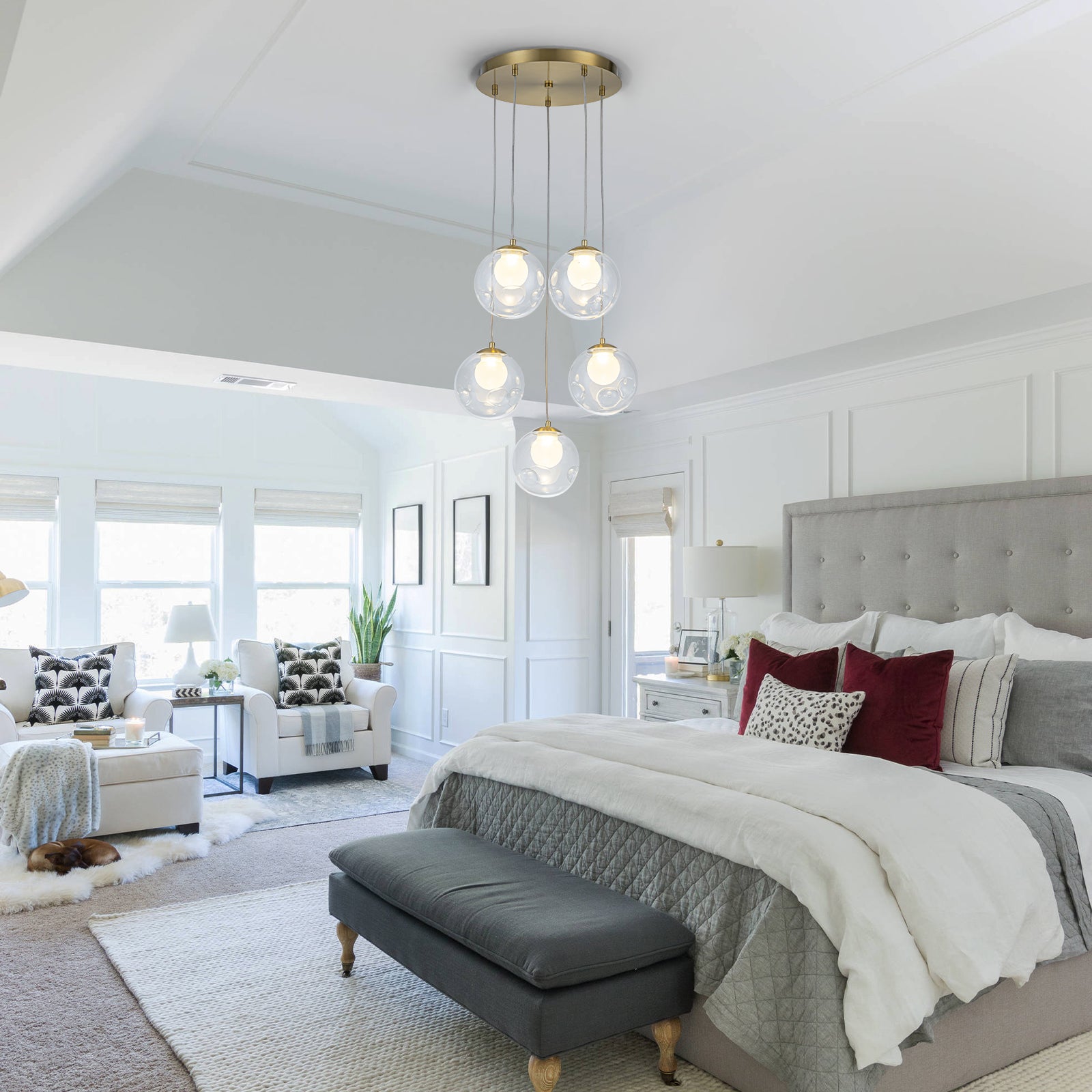 5-Light Modern Gold Metal LED Chandelier Pendant Light with Clear Globe Shades for Entryway, Living Room