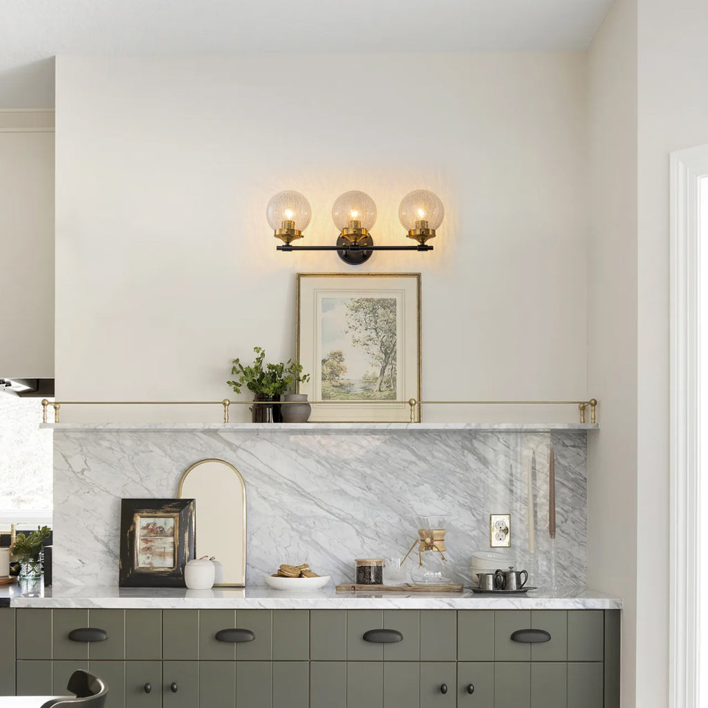 21.73 in. 3-Light Matte Black and Gold Metal Vanity Light with Clear Glass Shades for Bathroom