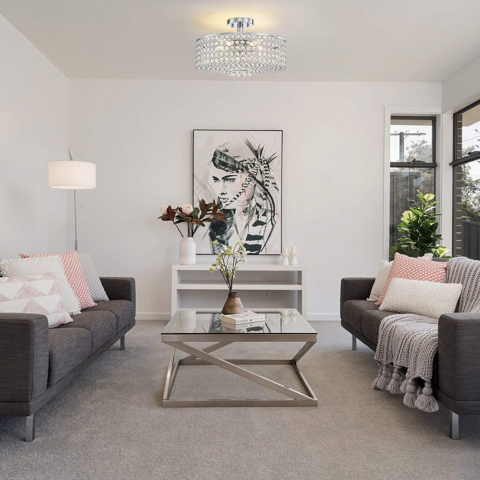 5-Light Chrome Round Modern Semi-Flush Mount Ceiling Light with Beaded Drum Crystal Shade for Living Room