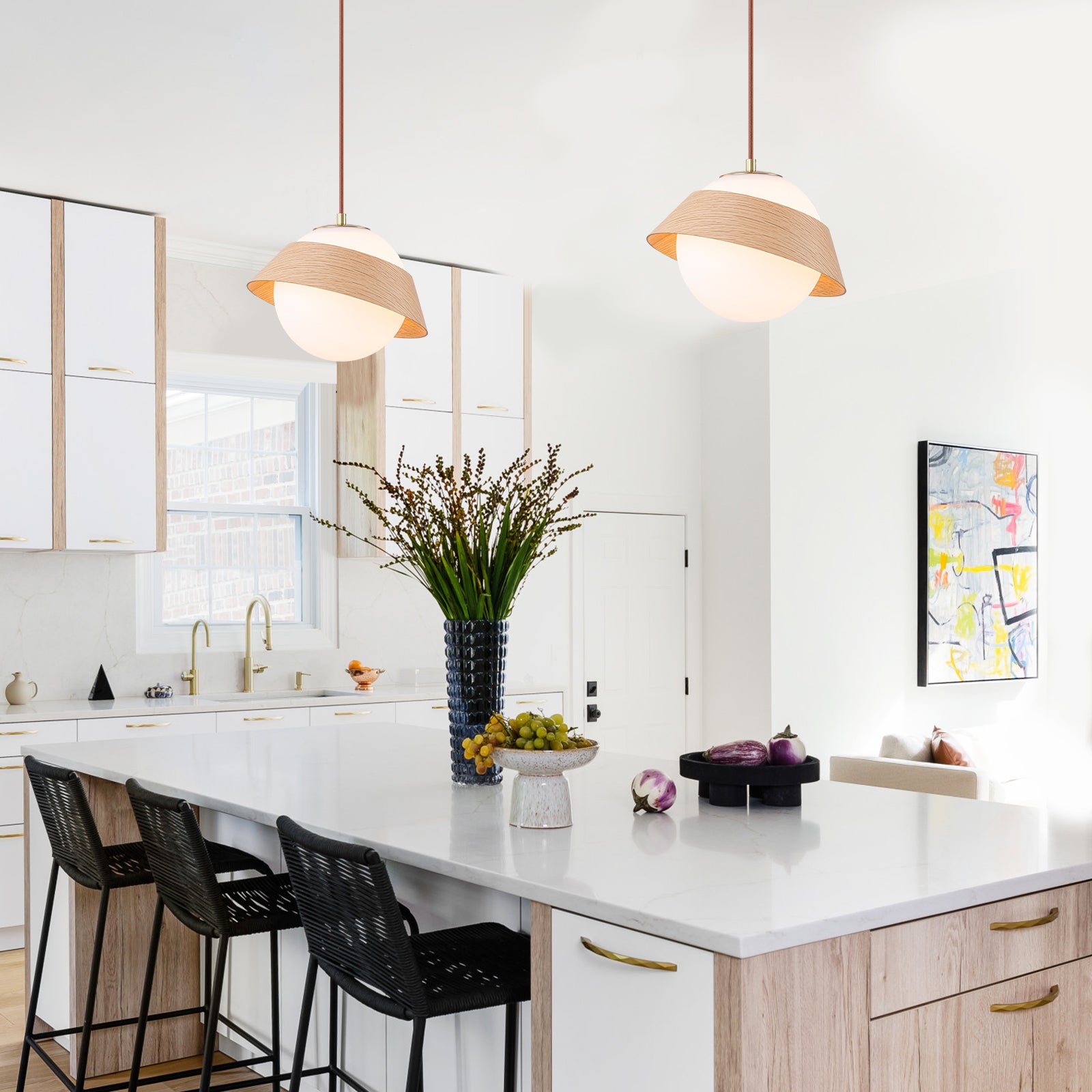 10.63 in. 1-Light Wooden Globe Hanging Pendant Light with White Glass Shade for Kitchen Island, Bedroom