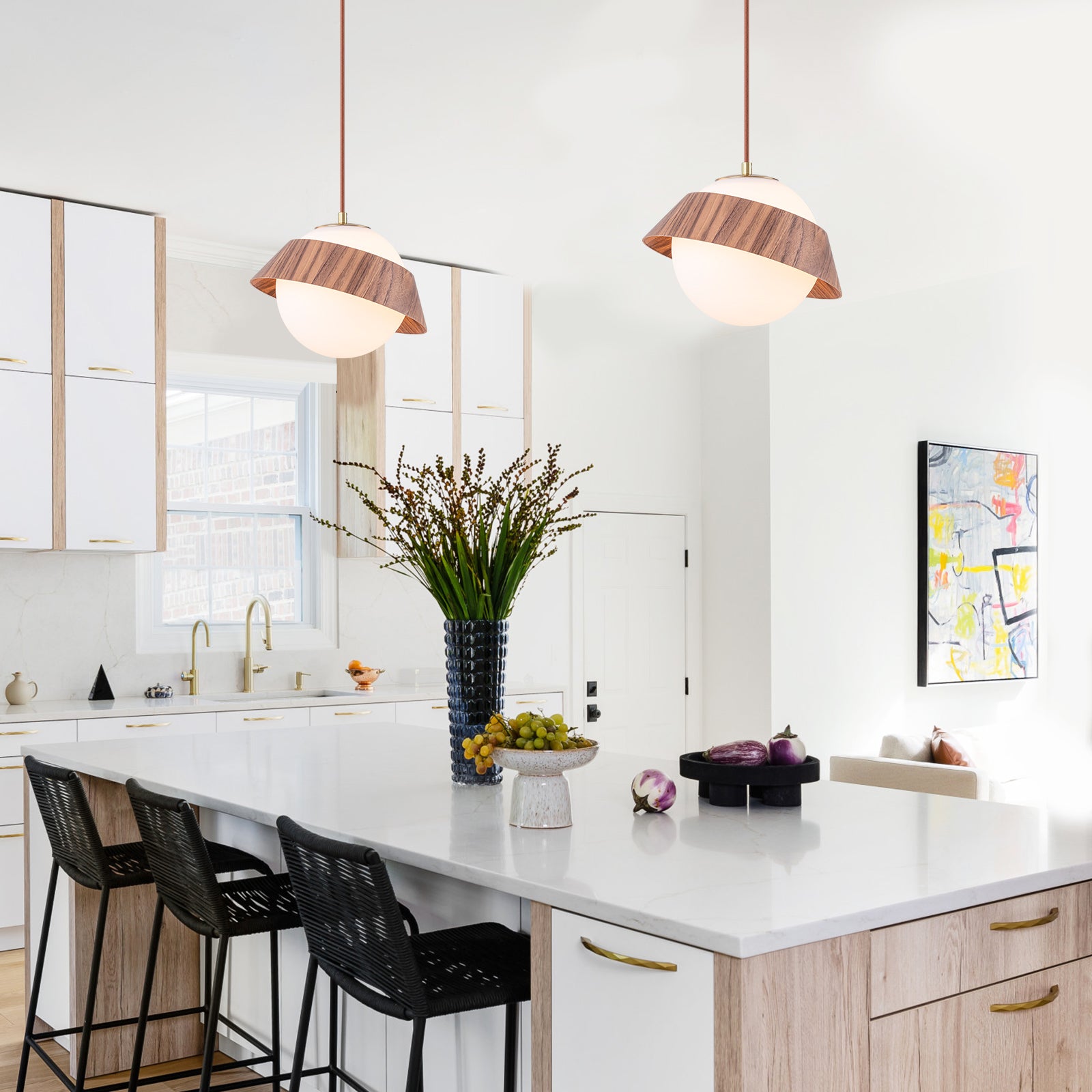 10.63 in. 1-Light Wooden Globe Hanging Pendant Light with White Glass Shade for Kitchen Island, Bedroom