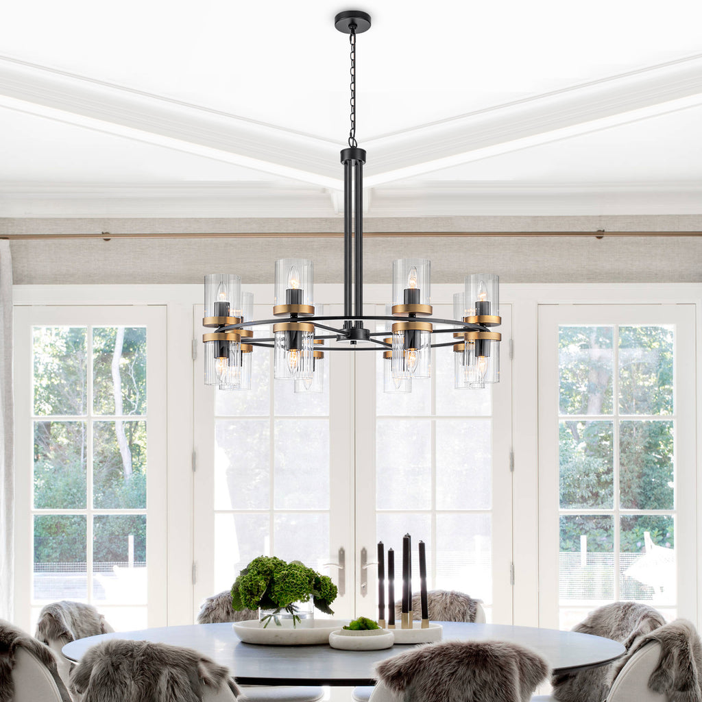 35.24 in. 16-Light Modern Luxury Black Gold Iron Chandelier Pendant Lighting with Glass Shades for Living Room, Dining