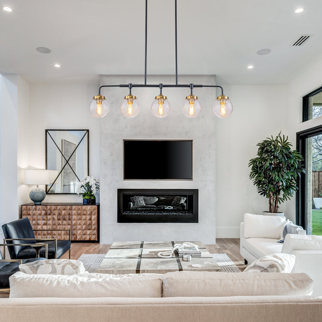 38 in. 5-Light Modern Matte Black Linear Pendant Light with Clear Globe Crackled Glass Shades Island Chandelier