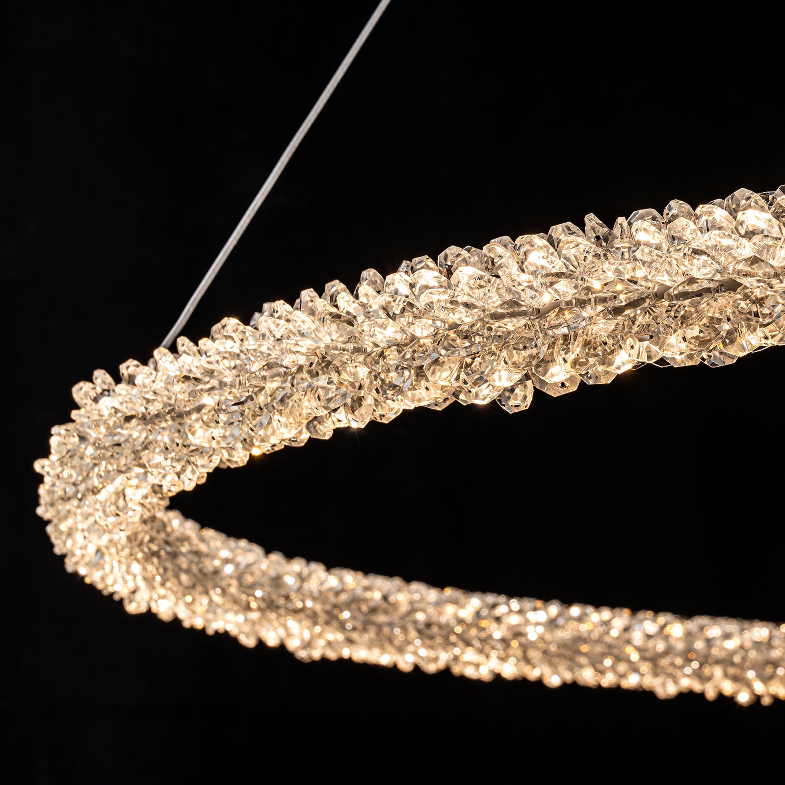 1-Light Modern Gold Metal Ring Crystal Integrated LED Pendant Light Dimmable Chandelier for Dining Room