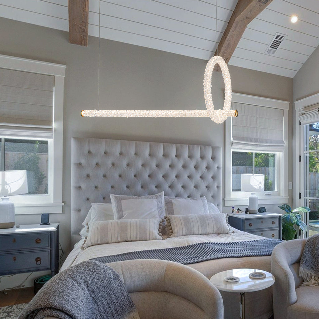 2-Light Modern Luxury Gold Ring & Bar Dimmable Integrated LED Chandelier Pendant Light with Crystal for Dining Room