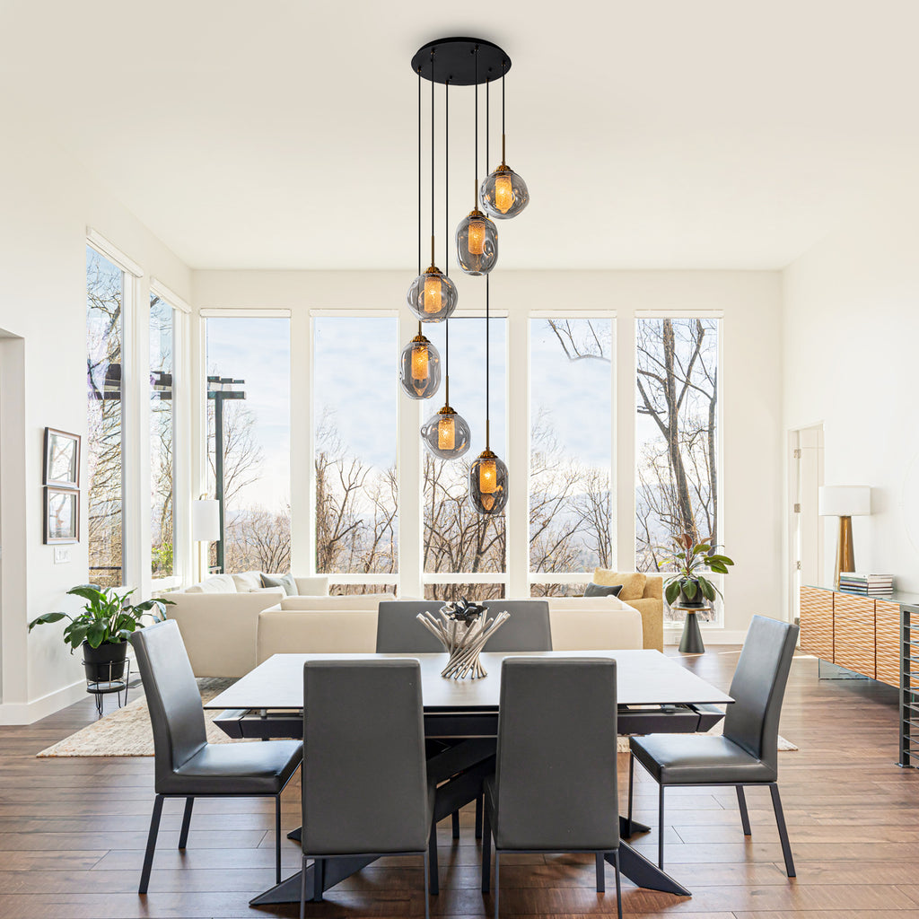 16 in. 6-Light Modern Black Staircase Chandelier Island Pendant Light with Smoky Gray Globe Glass Shade
